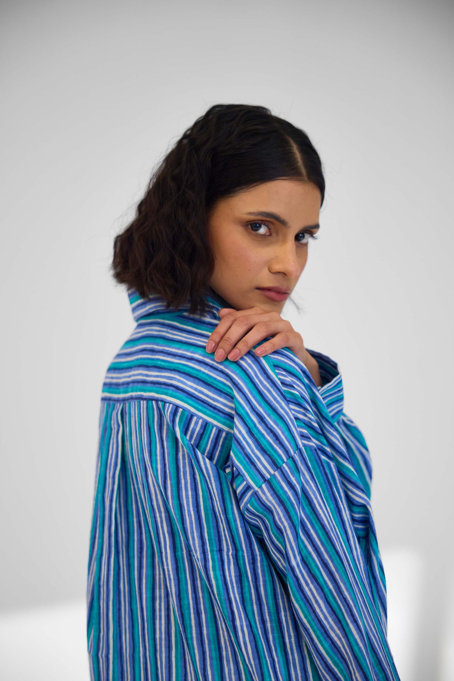 Ava Long Shirt Blue Stripes (9926513656107)