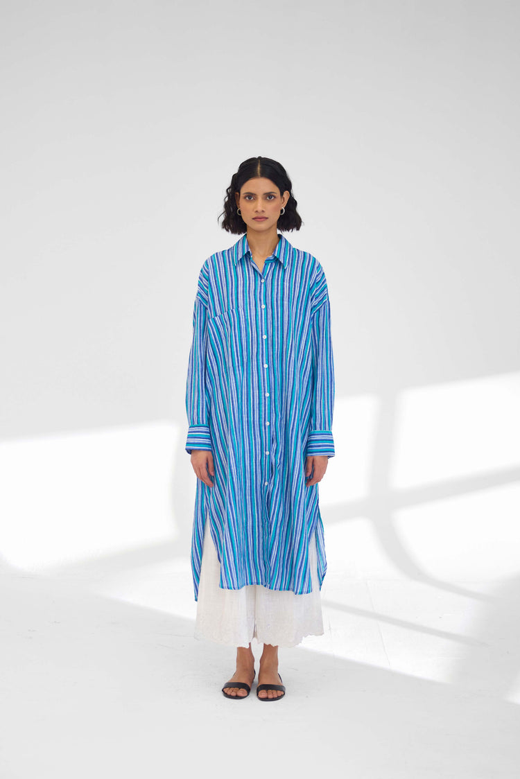 Ava Long Shirt Blue Stripes (9926513656107)