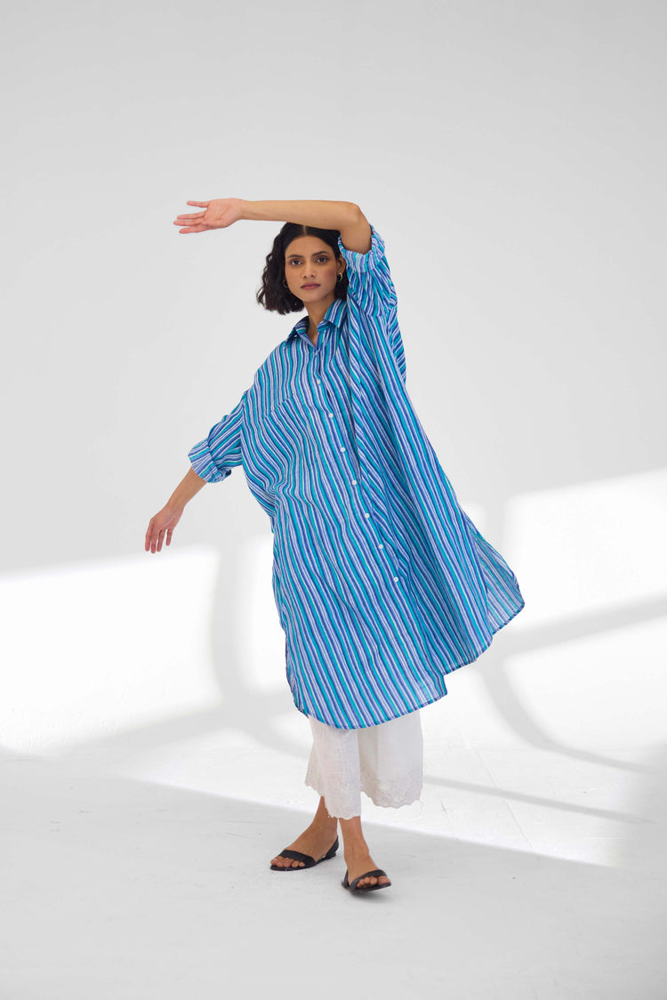 Ava Long Shirt Blue Stripes (9926513656107)