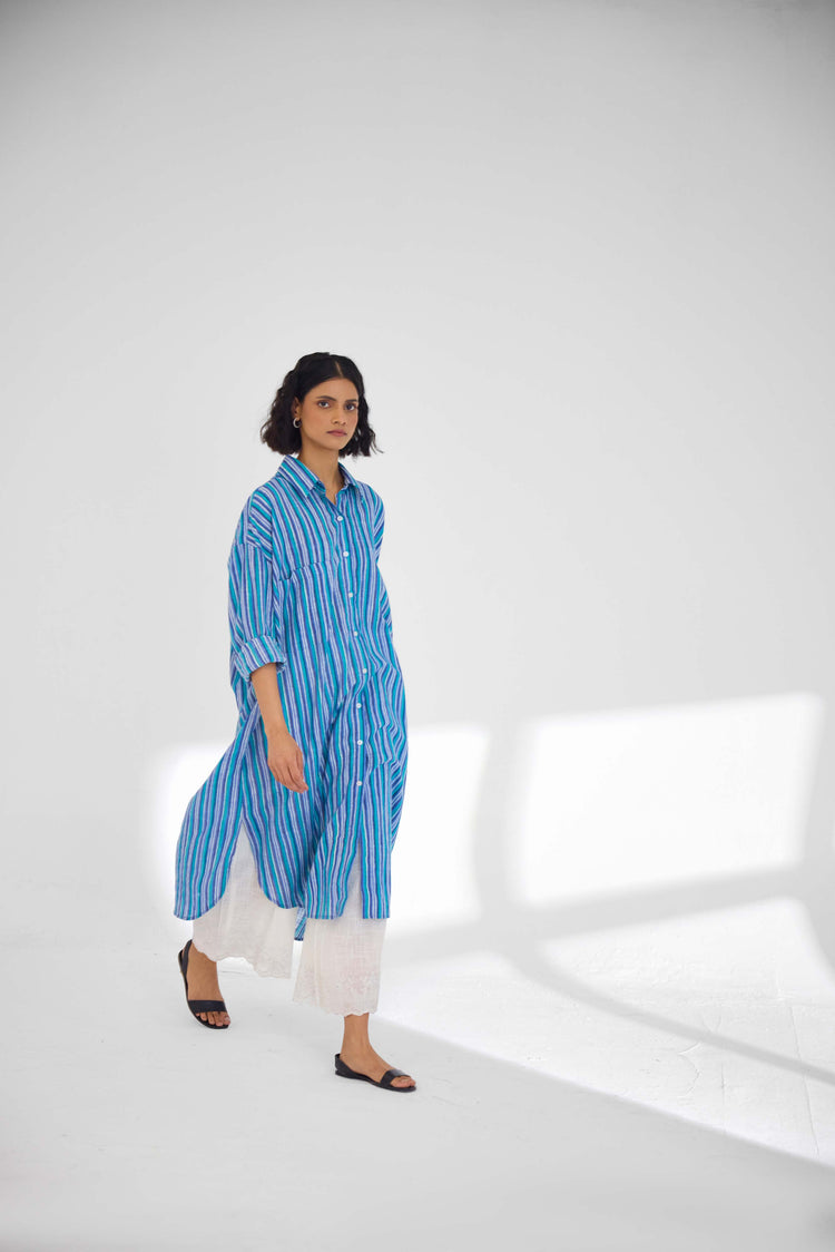 Ava Long Shirt Blue Stripes (9926513656107)