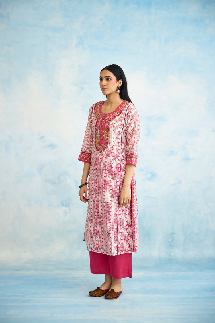 Rozana Kurta White Pink (9925495292203)