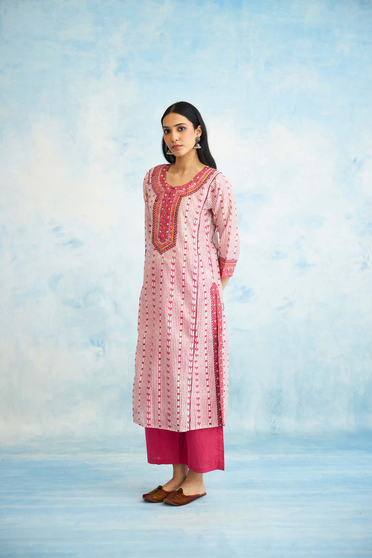 Rozana Kurta White Pink (9925495292203)