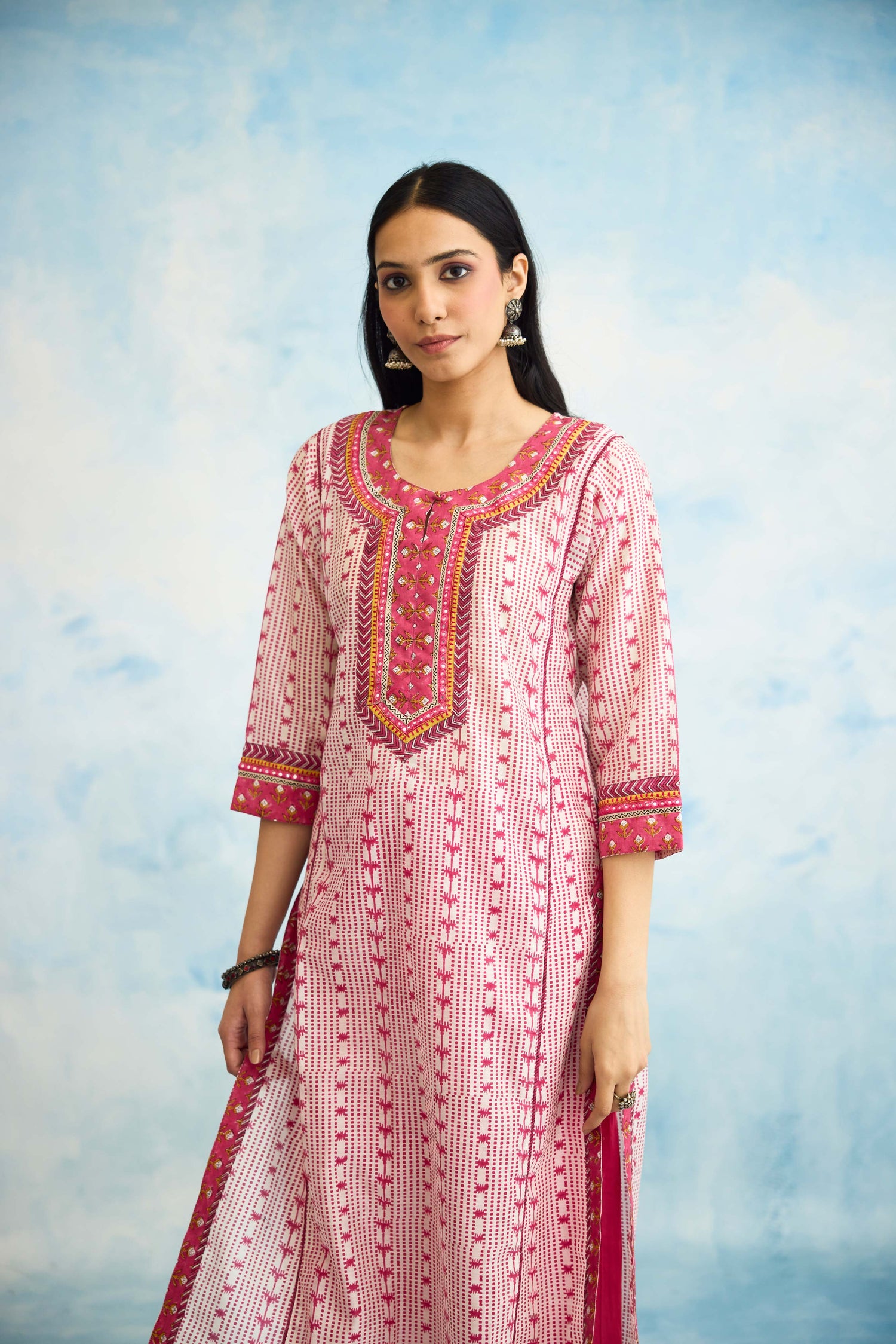 Rozana Kurta White Pink (9925495292203)