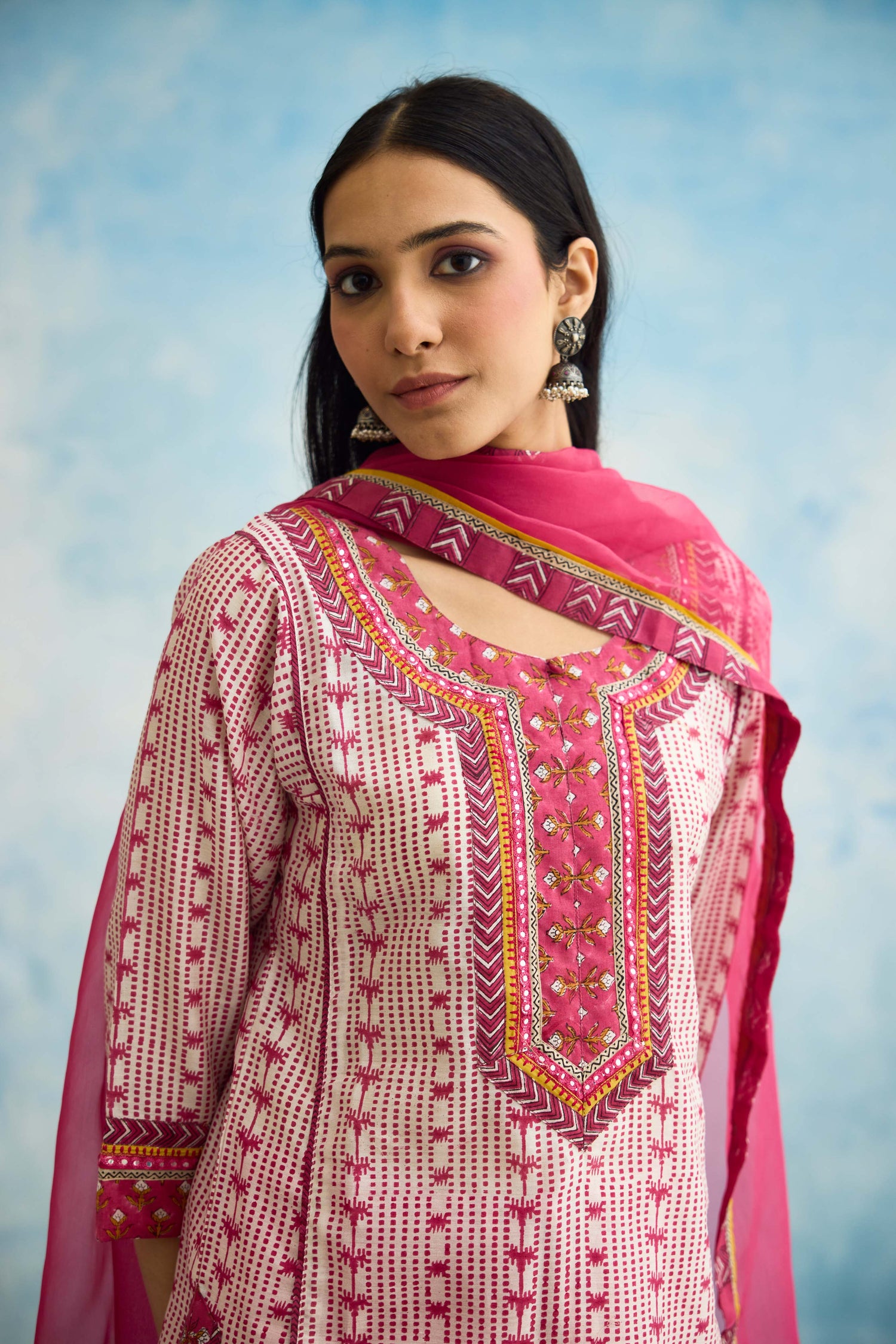 Rozana Kurta White Pink (9925495292203)