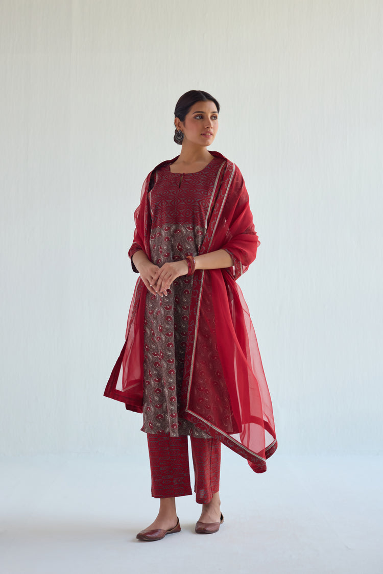 Yoke Kurta Grey Maroon (9423036645675)