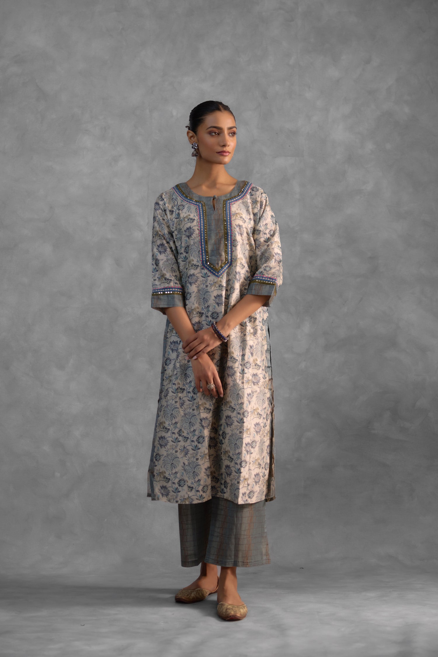 Rozana Kurta Off White Steel Grey  (Set of 2) (9839492038955)