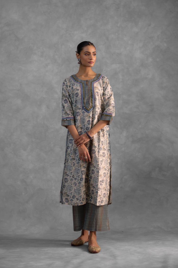 Rozana Kurta Off White Steel Grey  (Set of 2) (9839492038955)