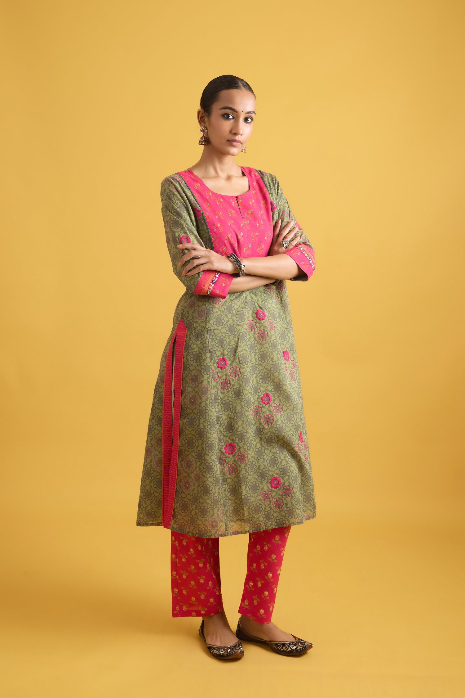 Rozana Kurta Green Pink (9722102874411)