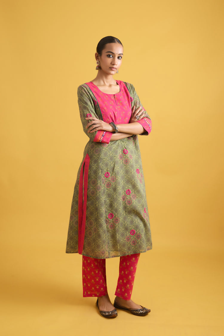 Rozana Kurta Green Pink (9722102874411)