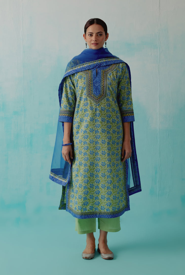 Anu Kurta Pista Green Blue Bandhani (8342847193387)